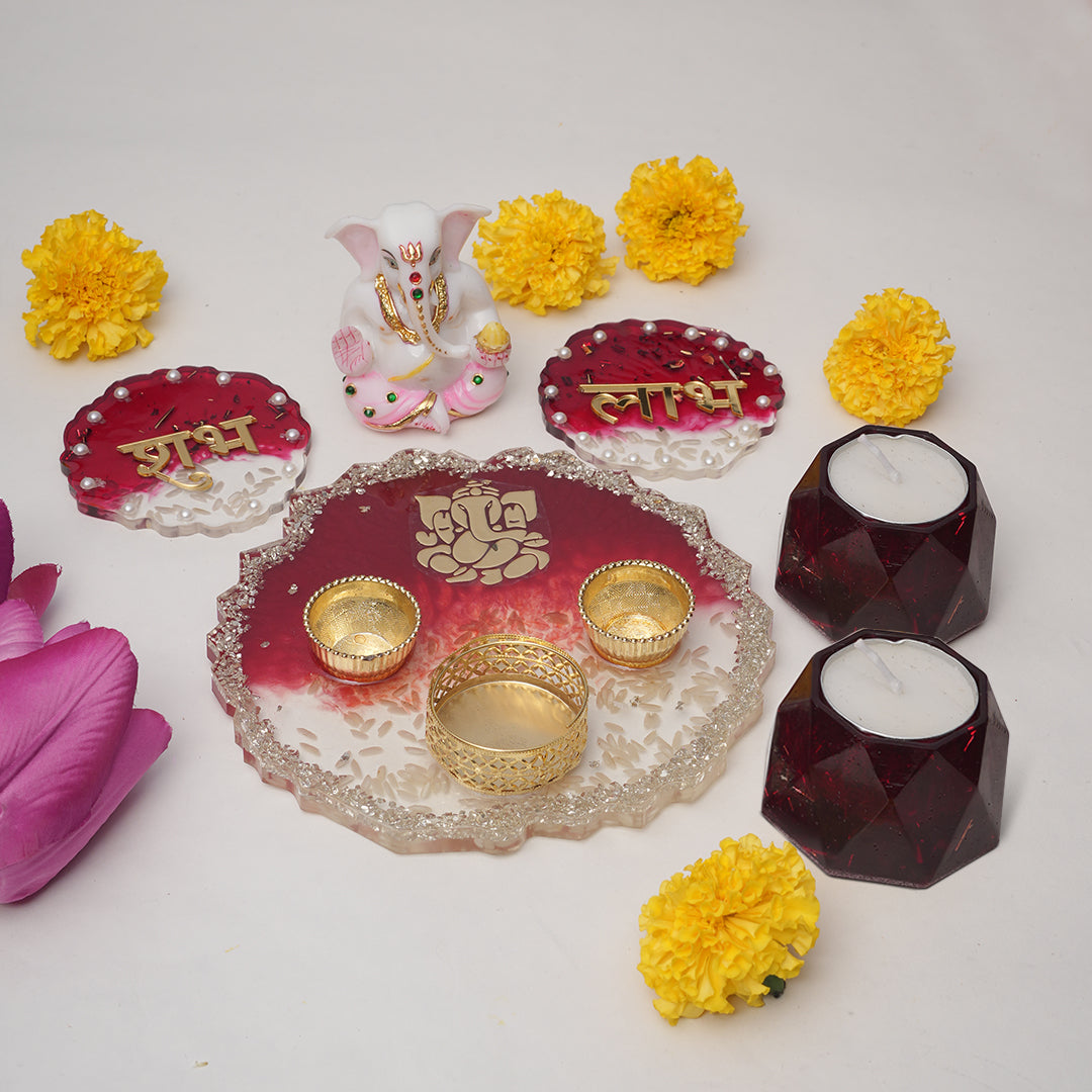 Ganesh Ji Resin Pooja Set with Thali, Shubh-Laabh & Tealight Holders