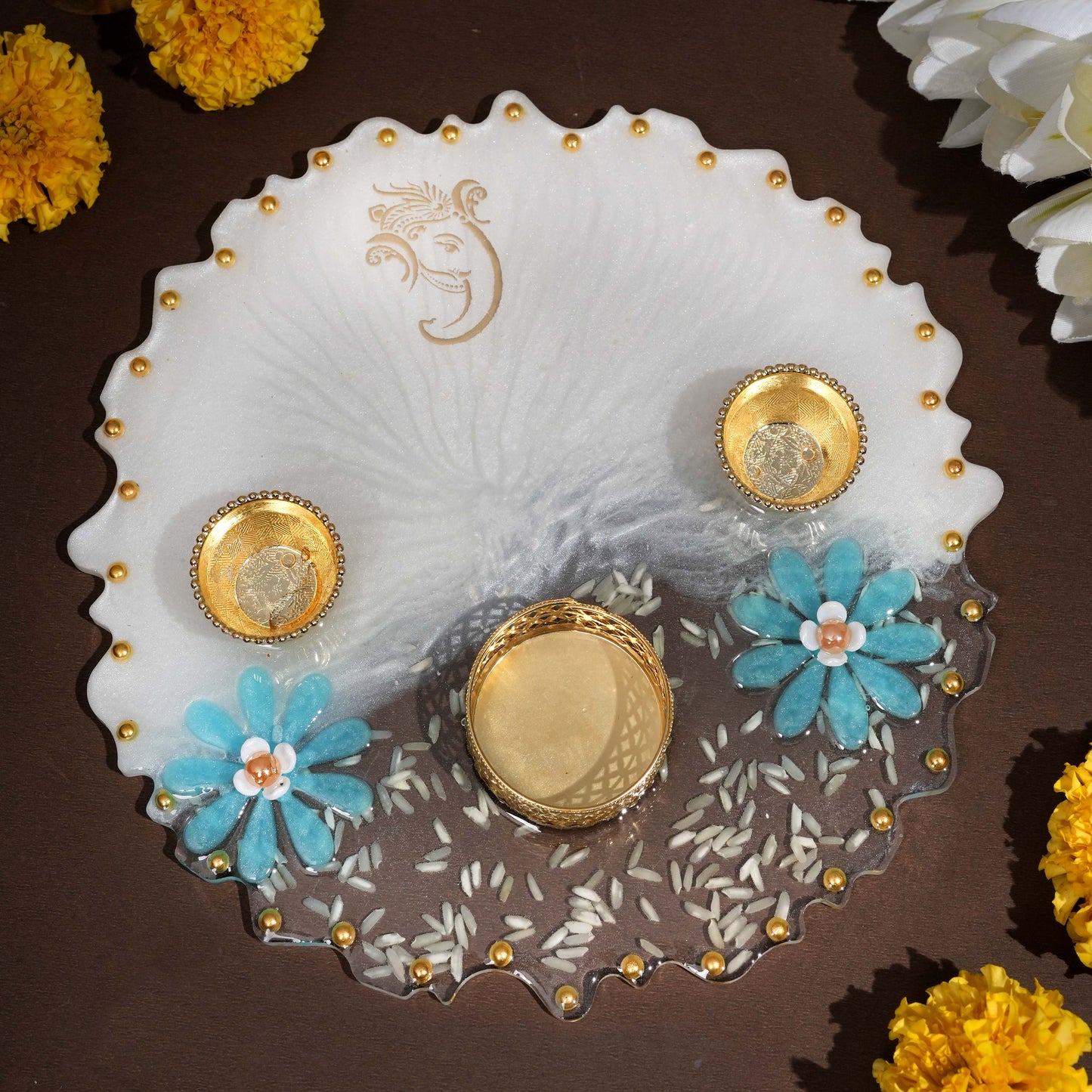 Resin Pooja thaali 8 inch sky blue & White