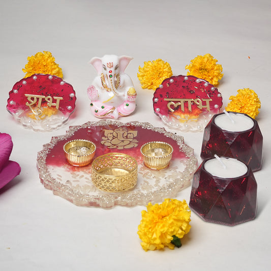 Ganesh Ji Resin Pooja Set with Thali, Shubh-Laabh & Tealight Holders