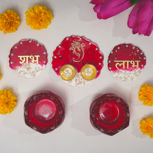 Ganesh Ji Resin Pooja Set with Thali, Shubh-Laabh & Tealight Holders Red