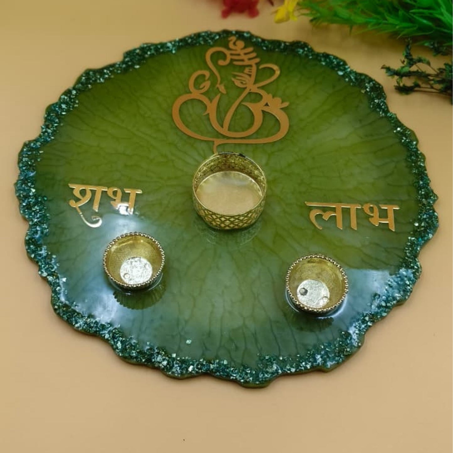 Resin Pooja thali 8 Inch Olive Green