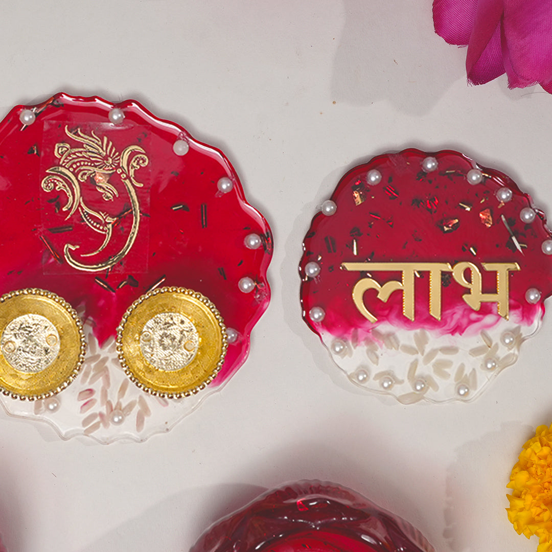 Ganesh Ji Resin Pooja Set with Thali, Shubh-Laabh & Tealight Holders Red