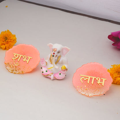 Ganesh Ji Idol with Shubh & Laabh Resin Coaster Set