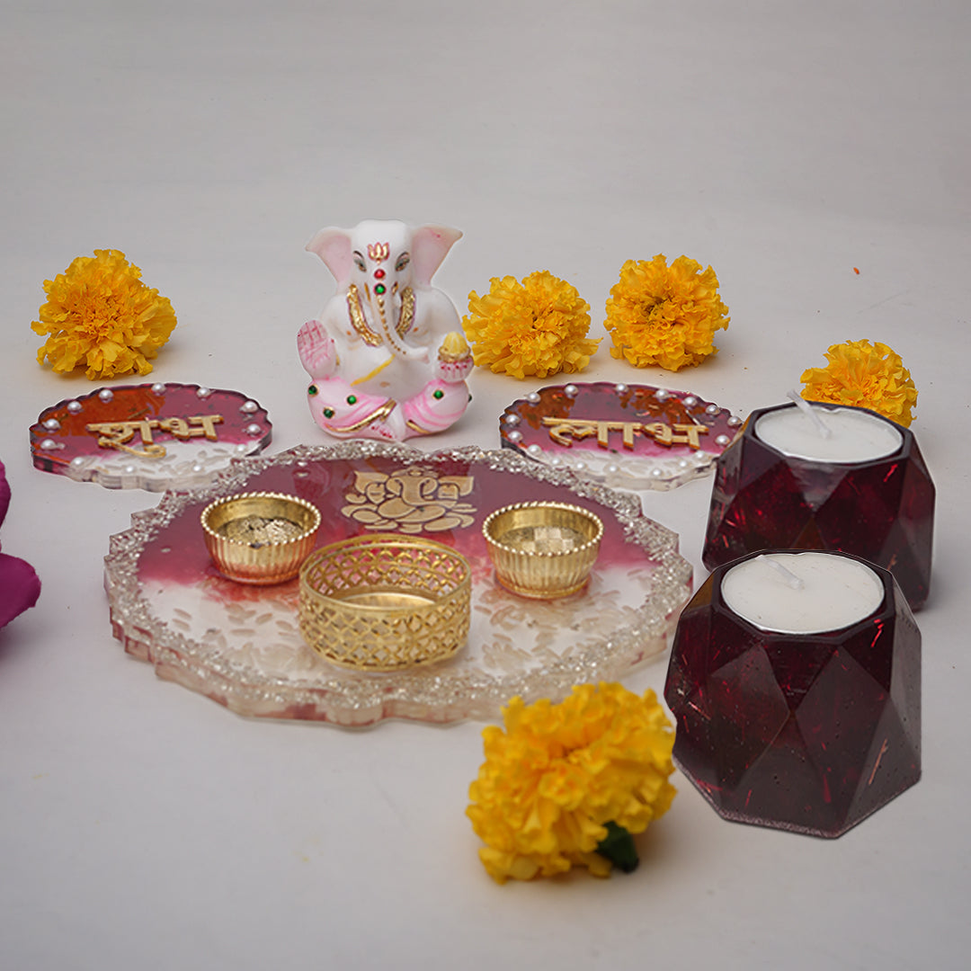 Ganesh Ji Resin Pooja Set with Thali, Shubh-Laabh & Tealight Holders
