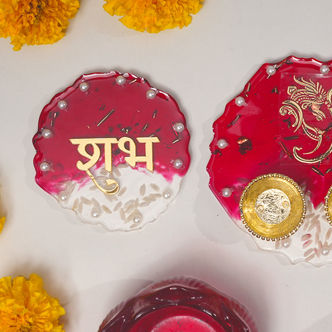 Ganesh Ji Resin Pooja Set with Thali, Shubh-Laabh & Tealight Holders Red