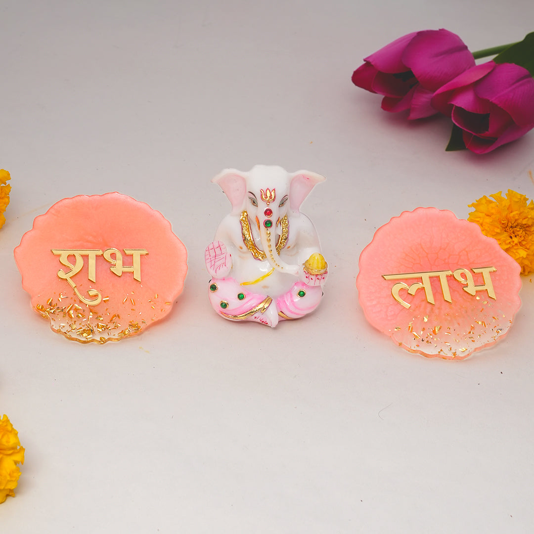 Ganesh Ji Idol with Shubh & Laabh Resin Coaster Set