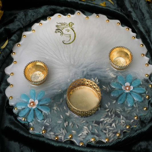 Resin Pooja thaali 8 inch sky blue & White