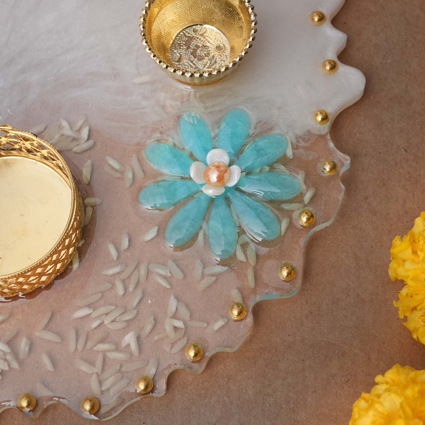 Resin Pooja thaali 8 inch sky blue & White