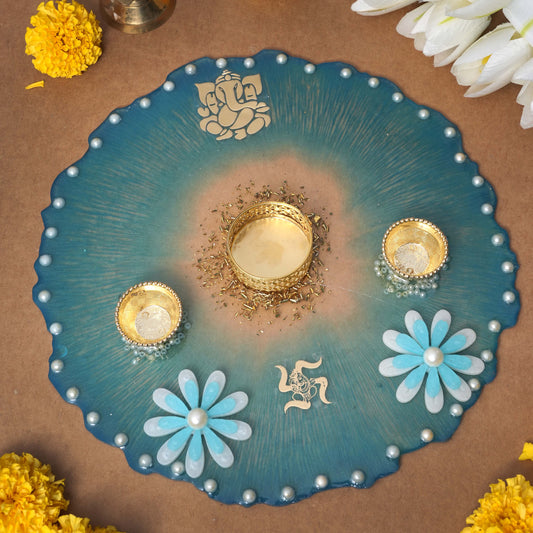 Resin Pooja thali 10 inch sky blue