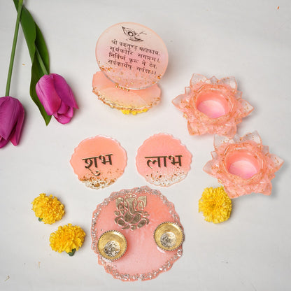 Ganeshji Resin Pooja Set with Thali, Shubh-Laabh & Tealight Holders & Ganesh Mantra Table Stand