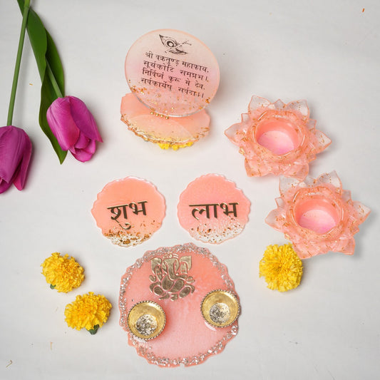 Ganeshji Resin Pooja Set with Thali, Shubh-Laabh & Tealight Holders & Ganesh Mantra Table Stand