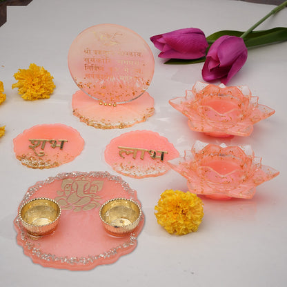 Ganeshji Resin Pooja Set with Thali, Shubh-Laabh & Tealight Holders & Ganesh Mantra Table Stand