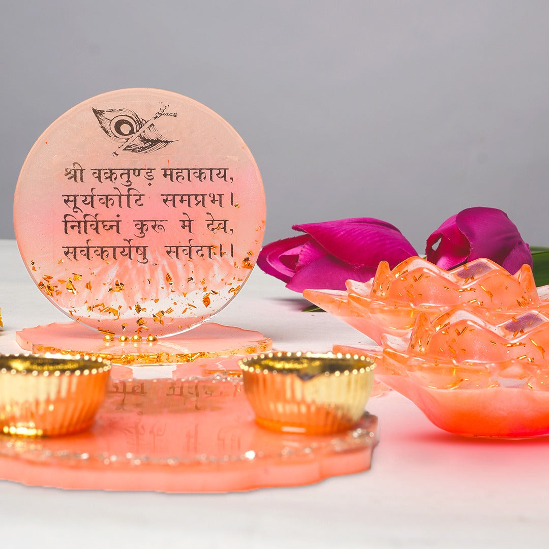 Ganeshji Resin Pooja Set with Thali, Shubh-Laabh & Tealight Holders & Ganesh Mantra Table Stand