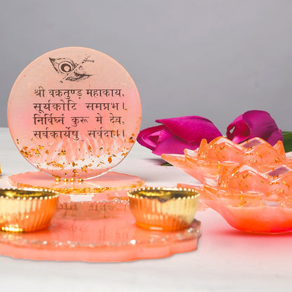 Ganeshji Resin Pooja Set with Thali, Shubh-Laabh & Tealight Holders & Ganesh Mantra Table Stand